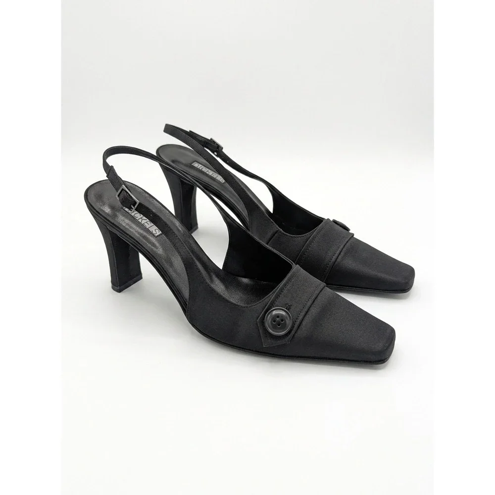 Vintage Nickels Black Satin Square Toe Slingback Heels Size 9.5 M